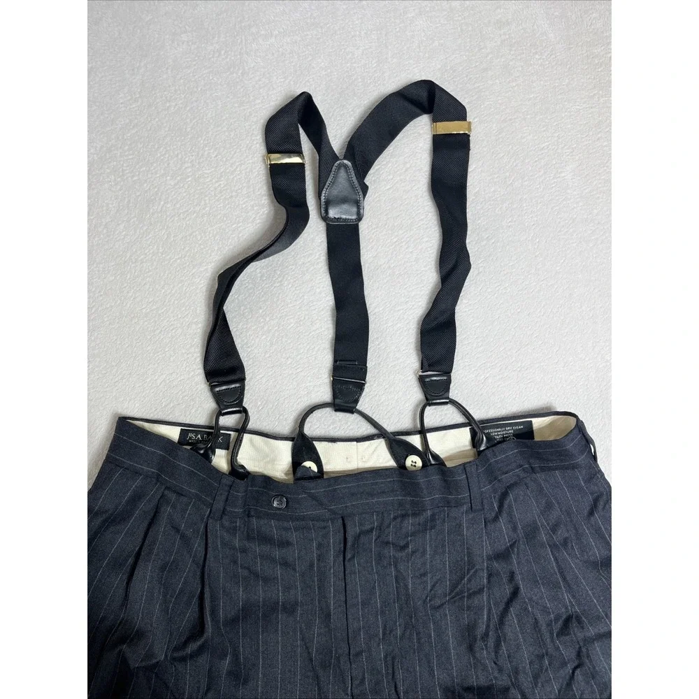 Jos. A. Banks Mens 38/30 Black Pin Striped Cuffed Cashmere Suspender Dress Pants